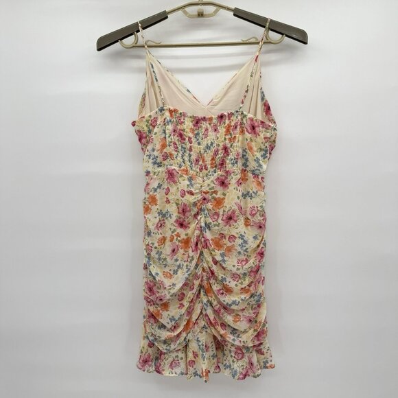 ASTR The Label Floral Ruched Mini Dress Sz M Adjustable Strap Ruffle Hem Smocked - Picture 3 of 9